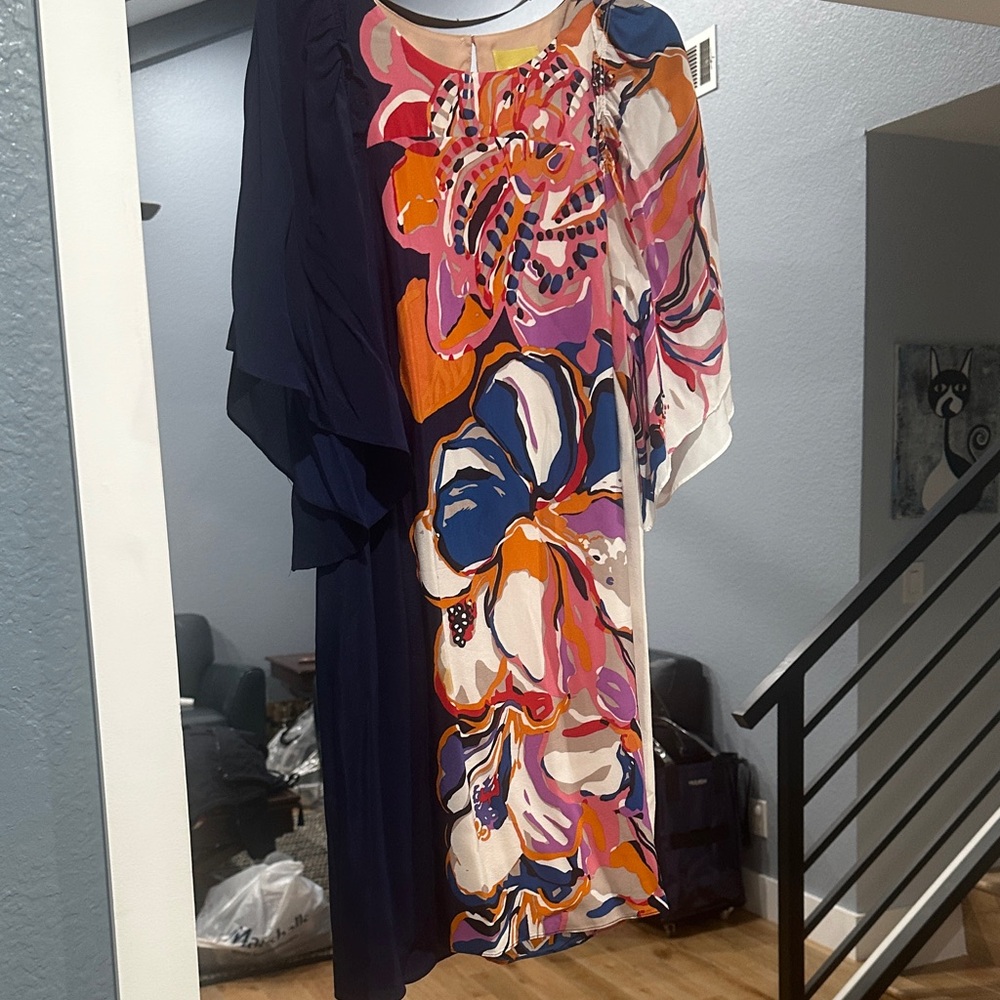 Anthropologie silk Asymmetrical Dress in Navy and Orange Floral